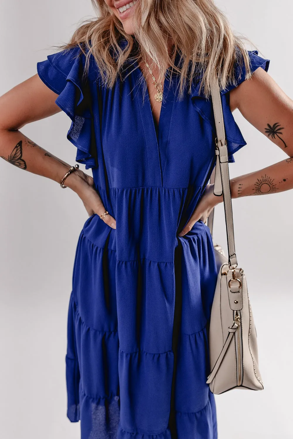 Ruffled Short Sleeve Collared V Neck Tiered Midi Dress sold by Charming Charlie product image thumbnail 4