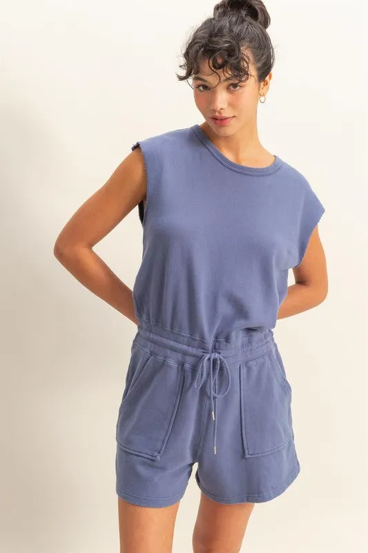 HYFVE Round Neck Cap Sleeve Drawstring Waist Romper sold by Charming Charlie