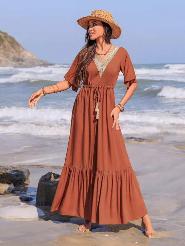 Ruffled Tassel V-Neck Flutter Sleeve Dress sold by Charming Charlie