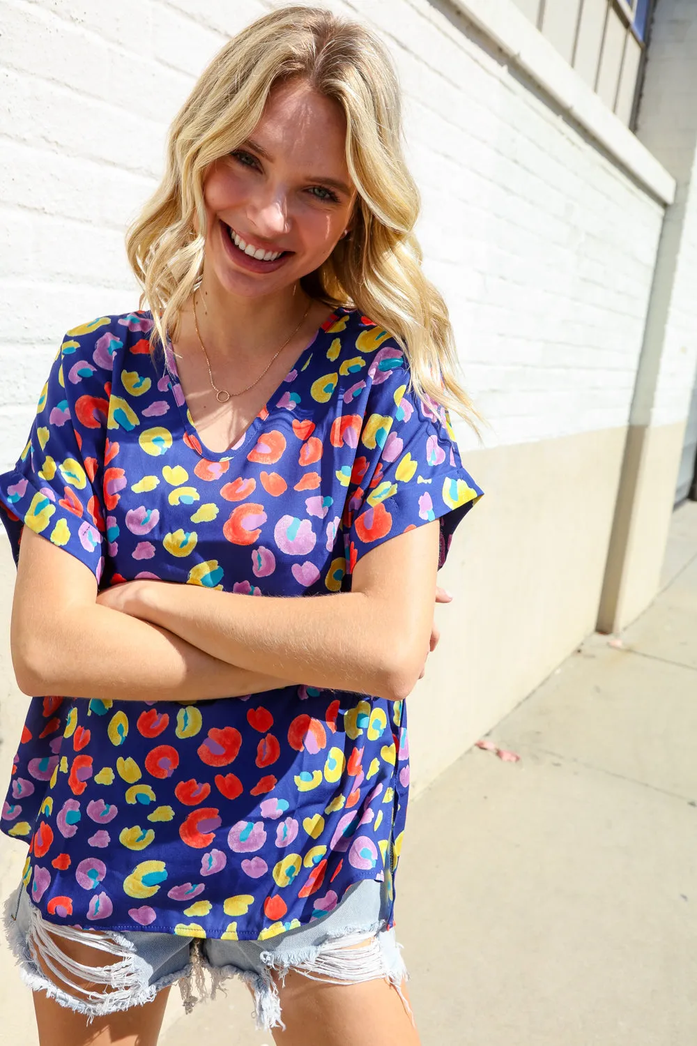 Follow Me Navy Blue Animal Print V Neck Dolman Hi-Lo Blouse sold by Charming Charlie product image thumbnail 5