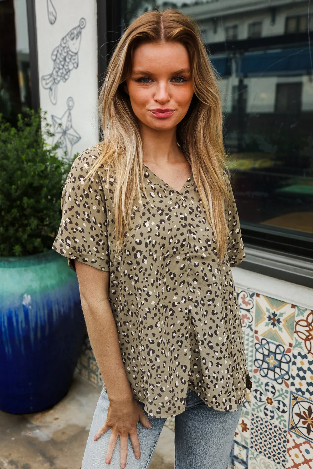 Best In Bold Sage Animal Print V Neck Dolman Side Slit Top sold by Charming Charlie product image thumbnail 5