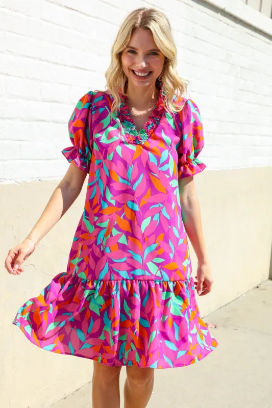 Fuchsia Tropical Leaf Woven Ruffle Hem Pocketed Dress sold by Charming Charlie