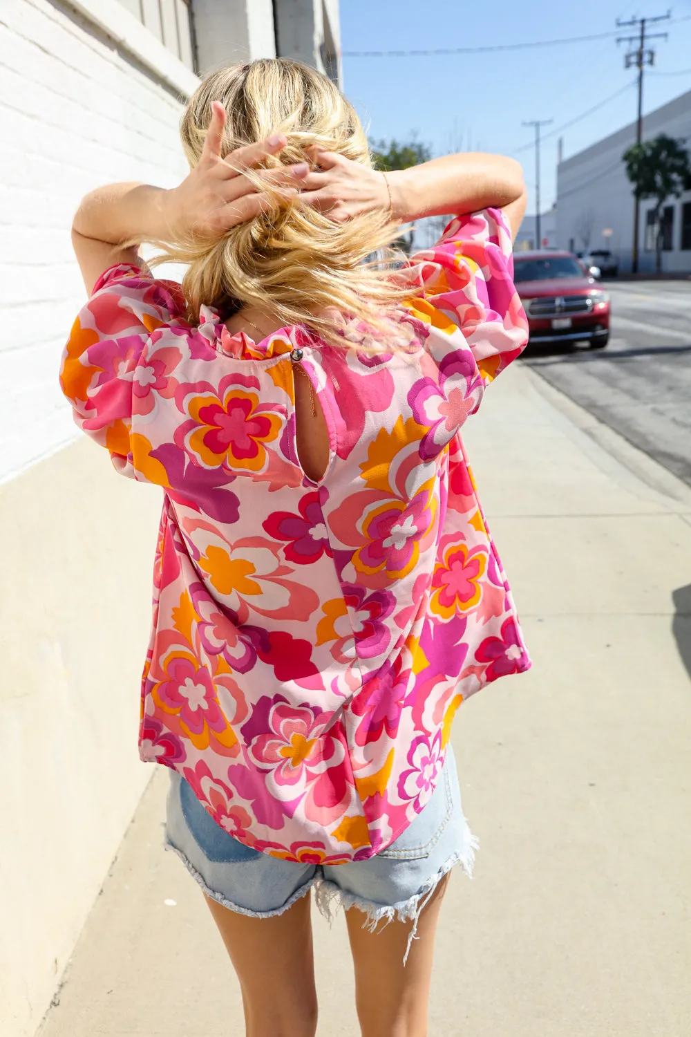 Perfectly You Fuchsia Big Floral Frill Neck Back Button Blouse sold by Charming Charlie product image thumbnail 3