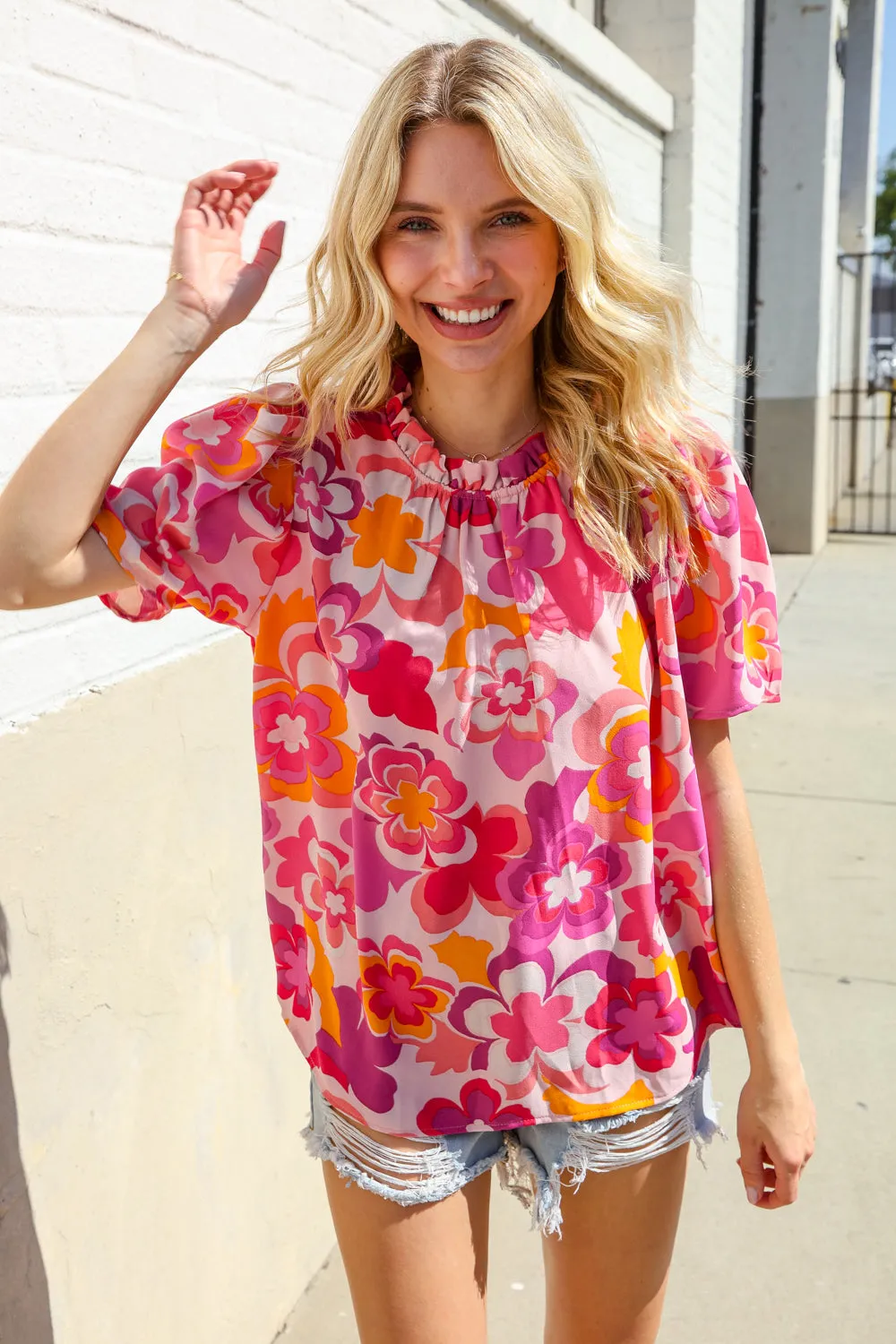 Perfectly You Fuchsia Big Floral Frill Neck Back Button Blouse sold by Charming Charlie product image thumbnail 4