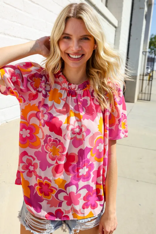 Perfectly You Fuchsia Big Floral Frill Neck Back Button Blouse sold by Charming Charlie