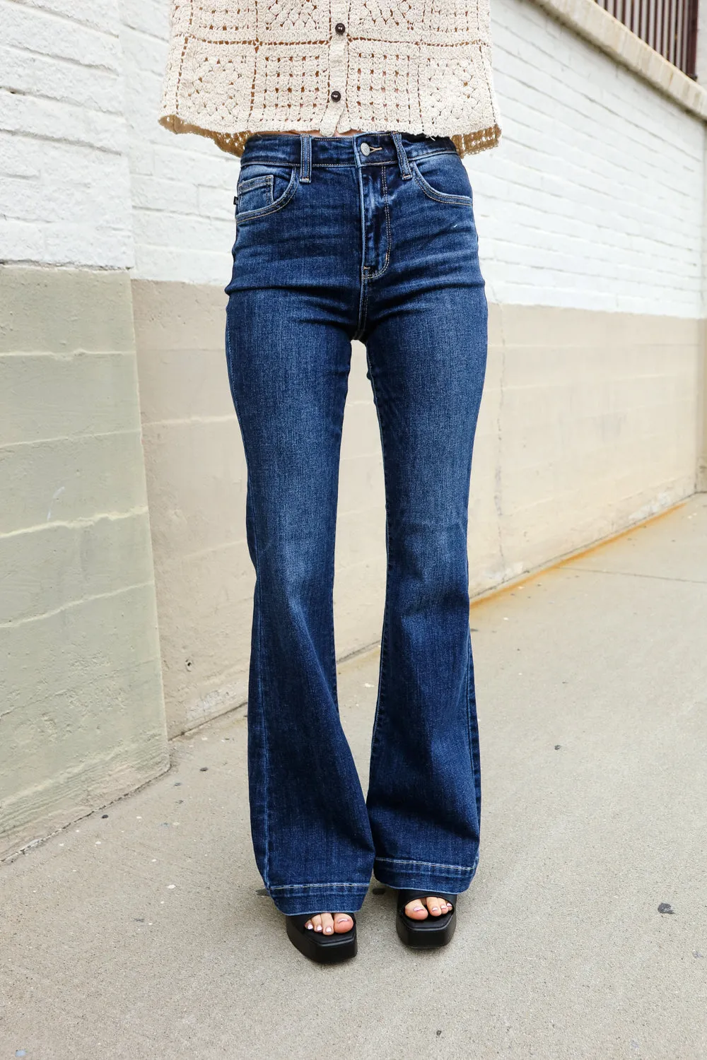 Judy Blue High Rise Trouser Flare Dark Wash Denim Jeans sold by Charming Charlie product image thumbnail 5