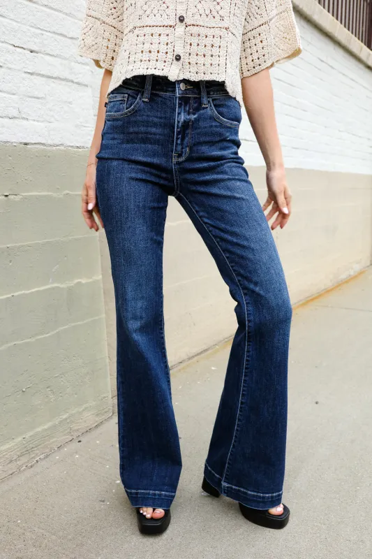 Judy Blue High Rise Trouser Flare Dark Wash Denim Jeans sold by Charming Charlie