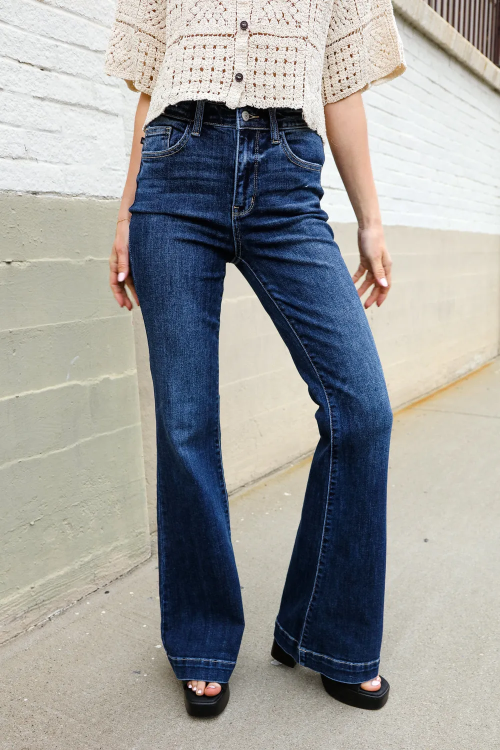 Judy Blue High Rise Trouser Flare Dark Wash Denim Jeans sold by Charming Charlie