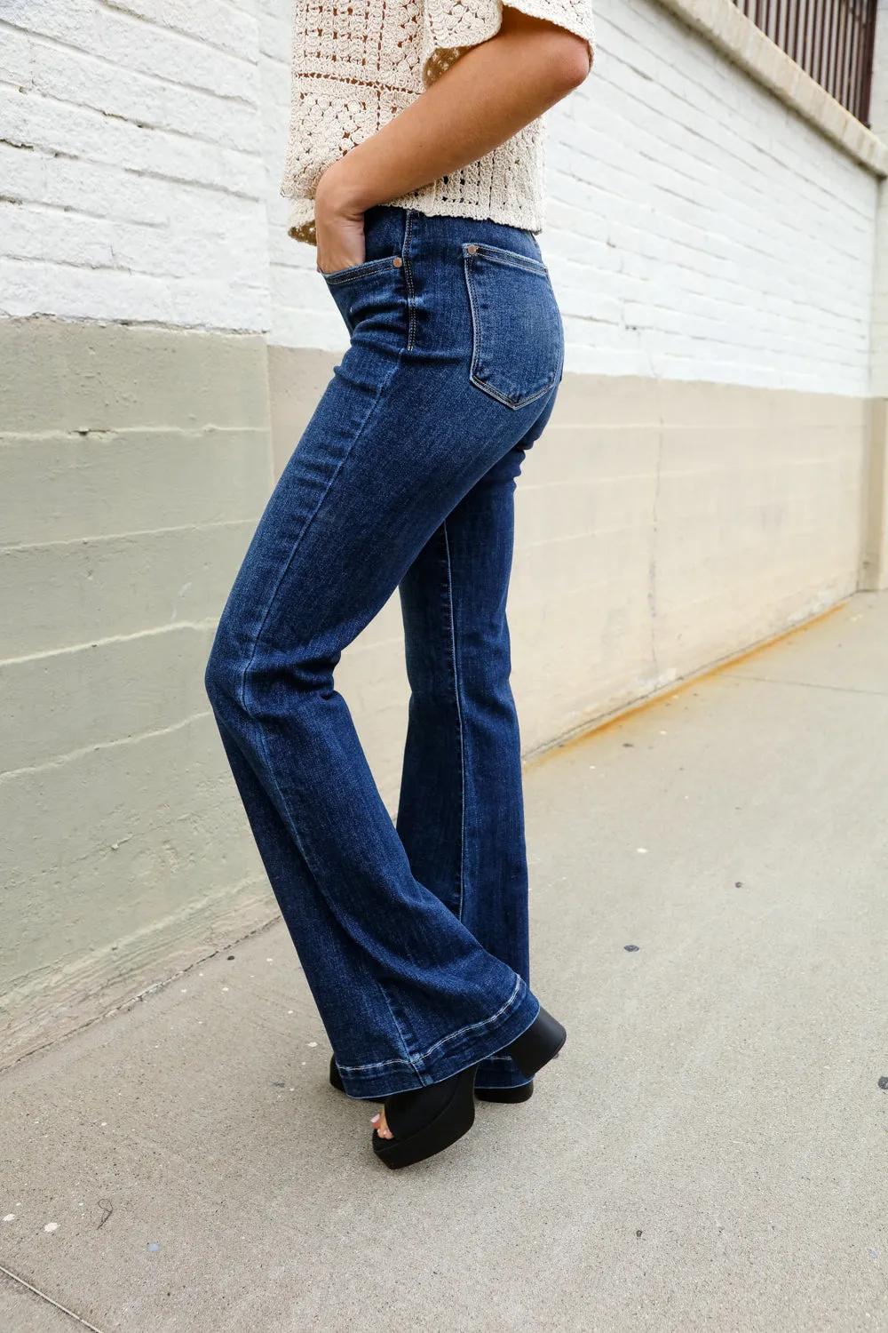 Judy Blue High Rise Trouser Flare Dark Wash Denim Jeans sold by Charming Charlie product image thumbnail 4