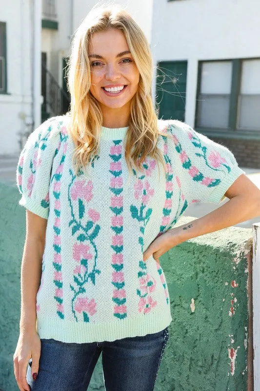 All For Love Mint Jacquard Floral Bubble Sleeve Sweater Top sold by Charming Charlie