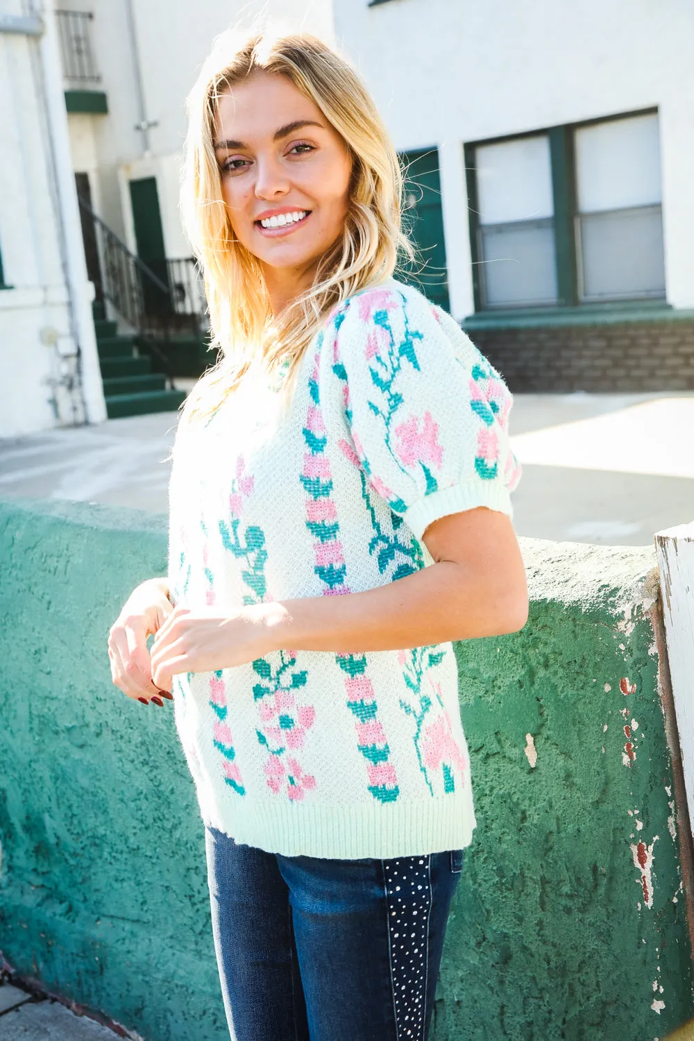 All For Love Mint Jacquard Floral Bubble Sleeve Sweater Top sold by Charming Charlie product image thumbnail 4