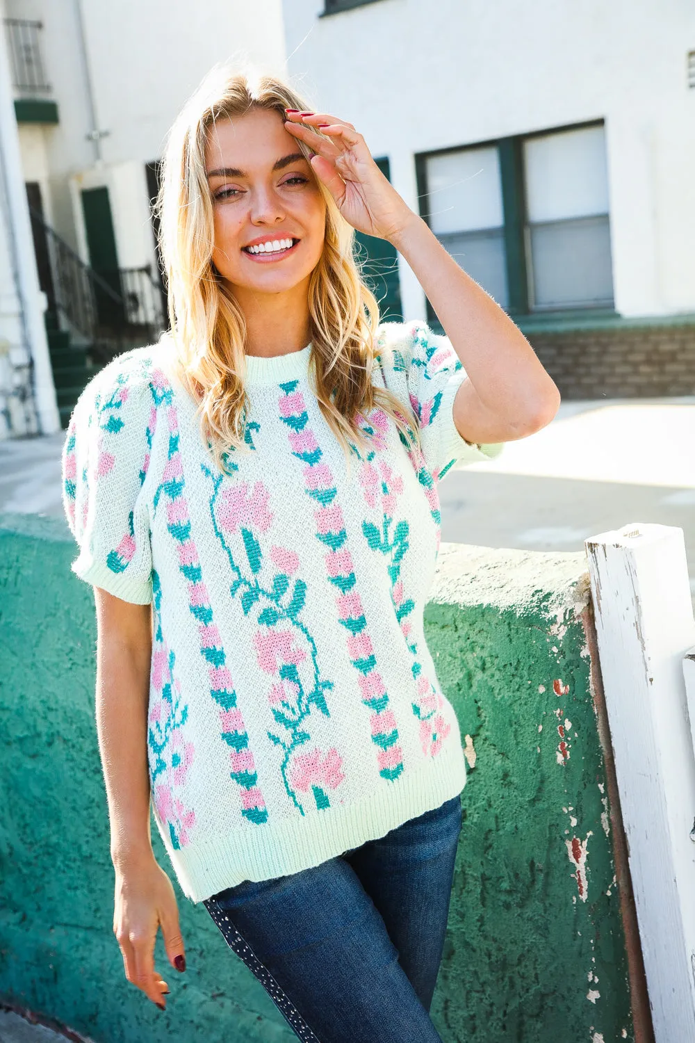 All For Love Mint Jacquard Floral Bubble Sleeve Sweater Top sold by Charming Charlie product image thumbnail 5