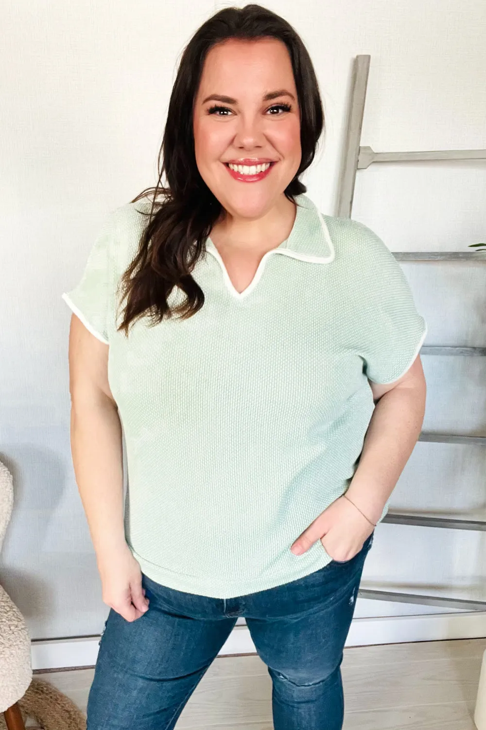 Weekend Ready Sage Collar Notch Neck Waffle Knit Top sold by Charming Charlie product image thumbnail 2