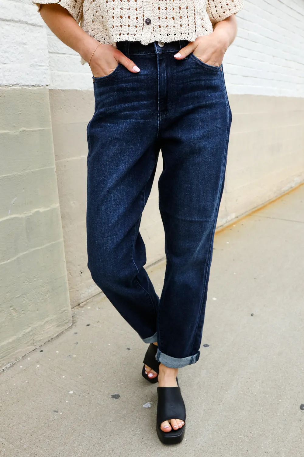 Judy Blue High-Rise Boyfriend Dark Blue Wash Jeans sold by Charming Charlie product image thumbnail 3