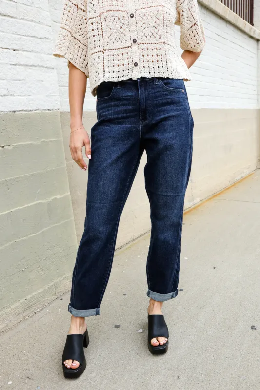 Judy Blue High-Rise Boyfriend Dark Blue Wash Jeans sold by Charming Charlie