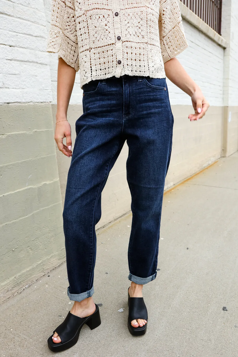 Judy Blue High-Rise Boyfriend Dark Blue Wash Jeans sold by Charming Charlie product image thumbnail 5
