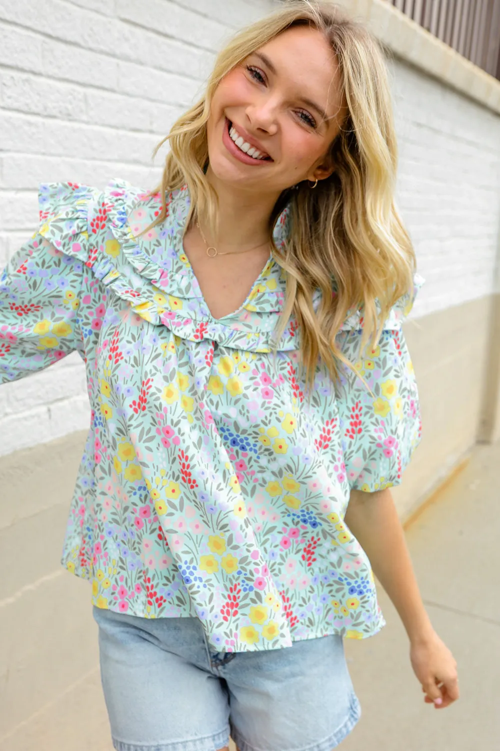 Spring Vibes Mint Notch Neck Ruffle & Puff Sleeve Top sold by Charming Charlie product image thumbnail 4