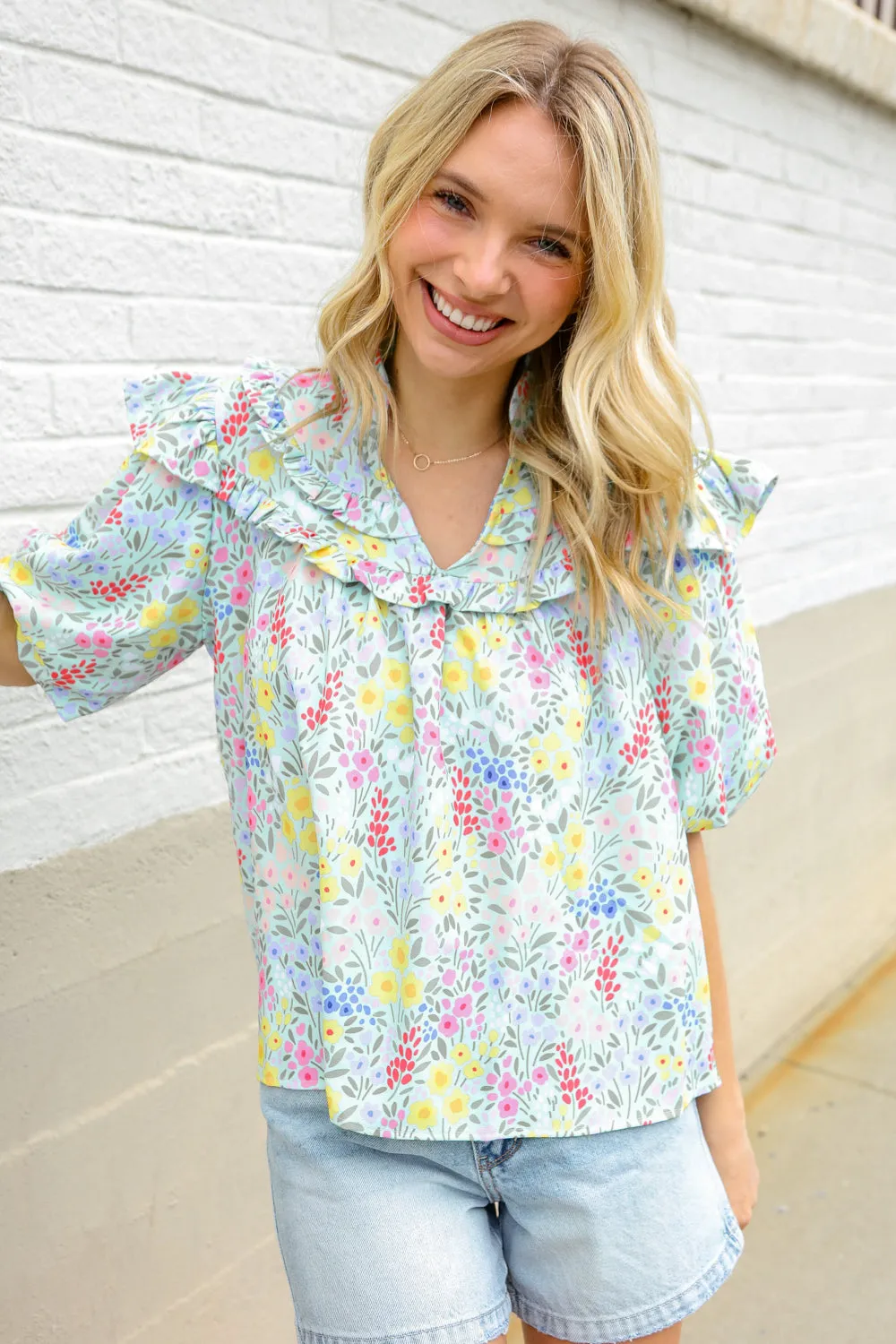 Spring Vibes Mint Notch Neck Ruffle & Puff Sleeve Top sold by Charming Charlie product image thumbnail 5