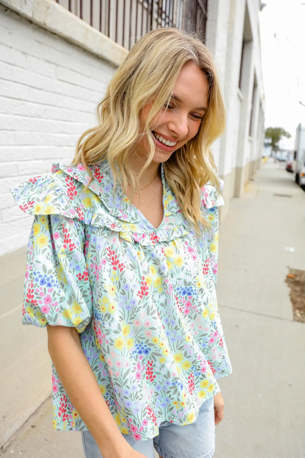 Spring Vibes Mint Notch Neck Ruffle & Puff Sleeve Top sold by Charming Charlie product image thumbnail 3