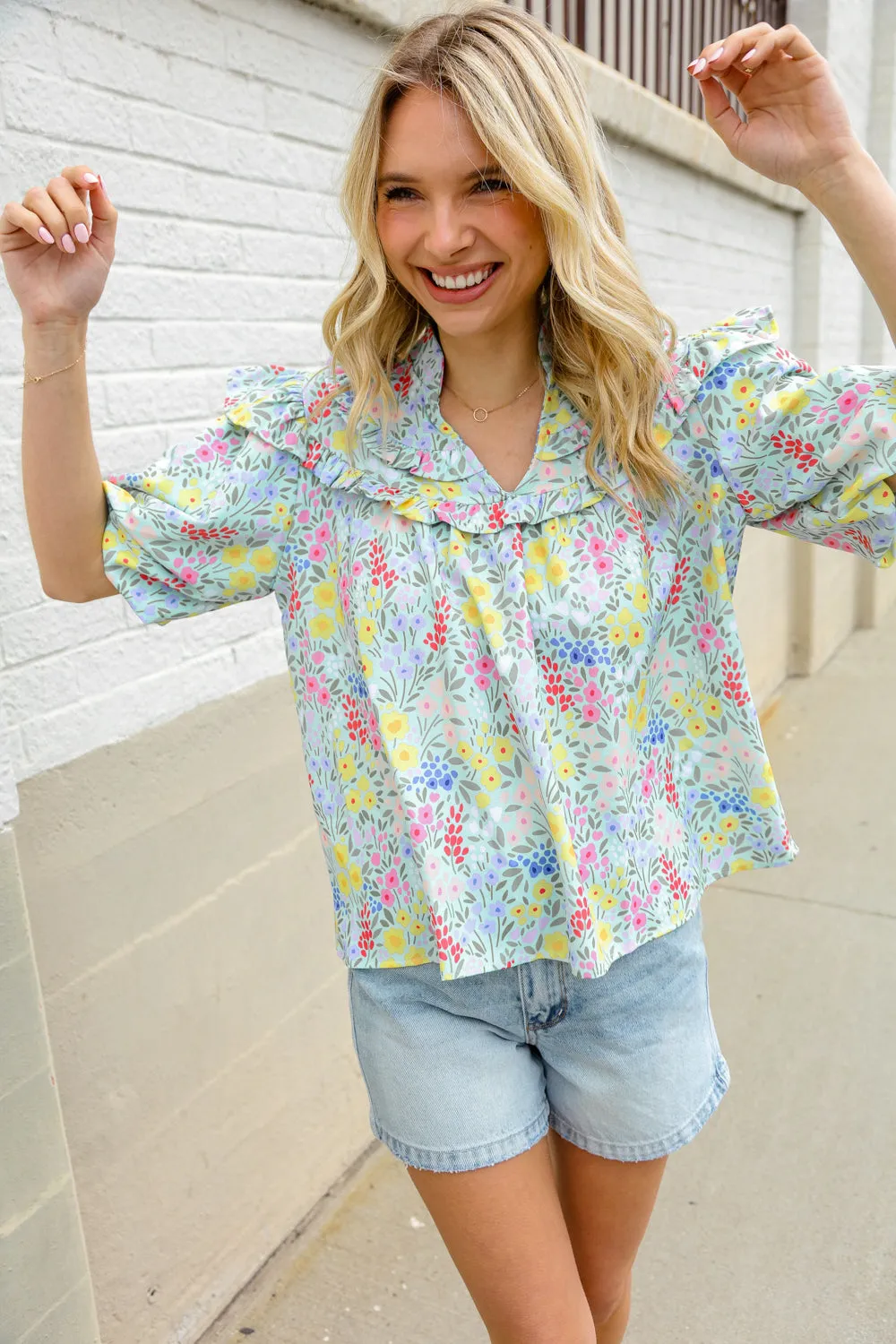 Spring Vibes Mint Notch Neck Ruffle & Puff Sleeve Top sold by Charming Charlie product image thumbnail 2