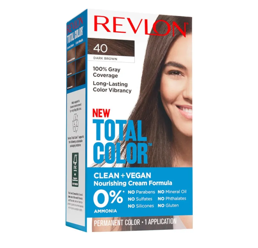 Revlon Permanent Hair Color, Permanent Hair Dye, Total Color with 100% Gray Coverage, Clean & Vegan, 40 Dark Brown, 3.5 Oz sold by Charming Charlie