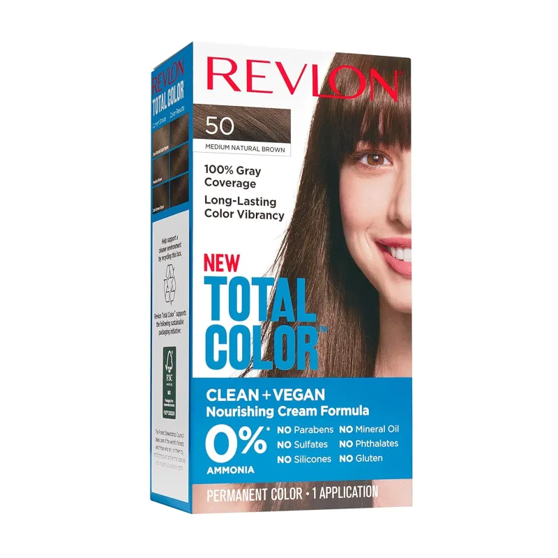 Revlon Total Color Permanent Hair Color, Clean and Vegan, 100% Gray Coverage Hair Dye, 50 Medium Natural Brown, 3.5 oz sold by Charming Charlie
