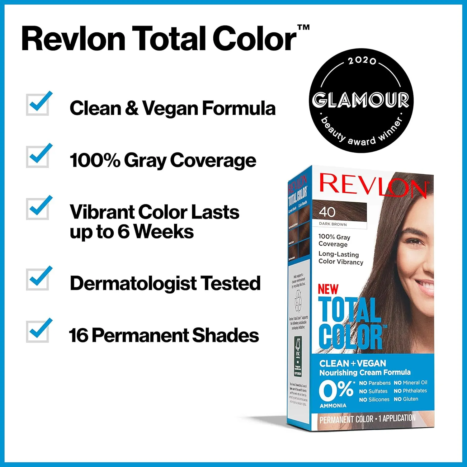 Revlon Permanent Hair Color, Permanent Hair Dye, Total Color with 100% Gray Coverage, Clean & Vegan, 40 Dark Brown, 3.5 Oz sold by Charming Charlie product image thumbnail 3
