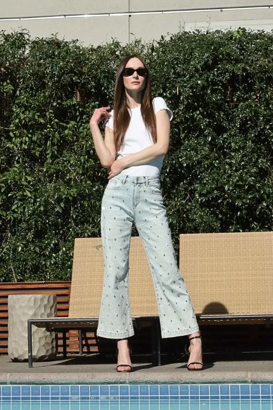 JEWEL EMBLLISHED HIGH RISE CROPPED PALAZZO JEANS sold by Charming Charlie