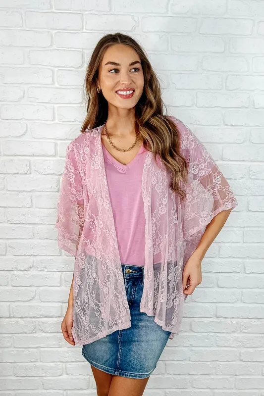 Good Days Ahead Lace Kimono In Mauve sold by Charming Charlie