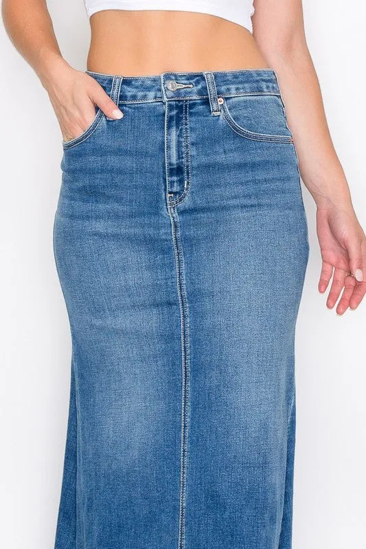DENIM MAXI MERMAID SKIRT WITH GUSSET sold by Charming Charlie product image thumbnail 2