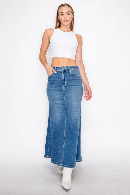 DENIM MAXI MERMAID SKIRT WITH GUSSET sold by Charming Charlie