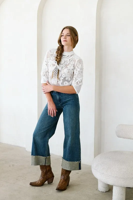 TUMMY CONTROL HIGH RISE CUFFED A WIDE LEG JEANS sold by Charming Charlie