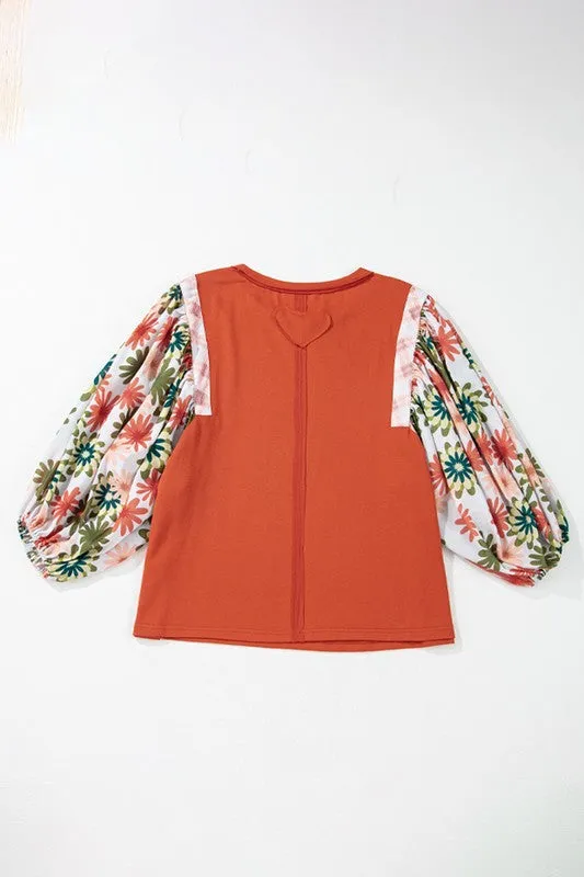 Floral Puff Sleeve Patchwork Round Neck Blouse sold by Charming Charlie product image thumbnail 4