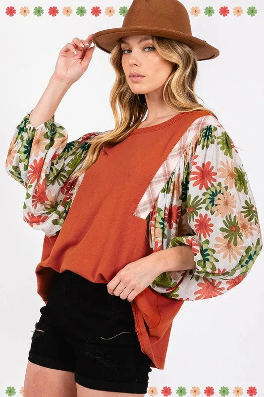 Floral Puff Sleeve Patchwork Round Neck Blouse sold by Charming Charlie