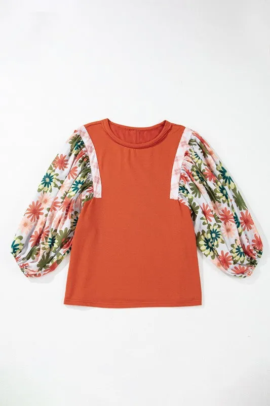 Floral Puff Sleeve Patchwork Round Neck Blouse sold by Charming Charlie product image thumbnail 5