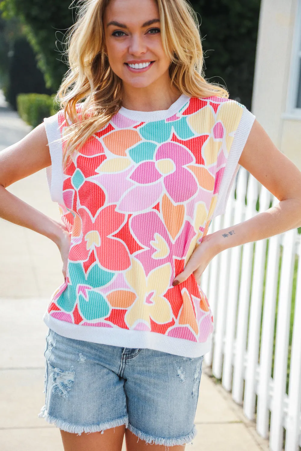 Beautiful You Coral Multicolor Floral Rib Dolman Sleeve Top sold by Charming Charlie product image thumbnail 2