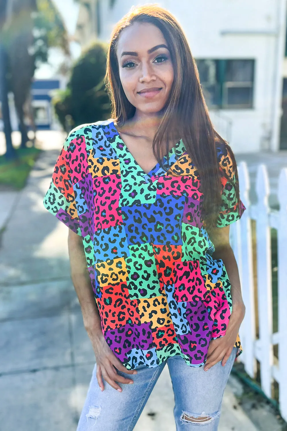 Dazzle in Multicolor Animal Patchwork V Neck Dolman Cap Sleeve Top sold by Charming Charlie product image thumbnail 3