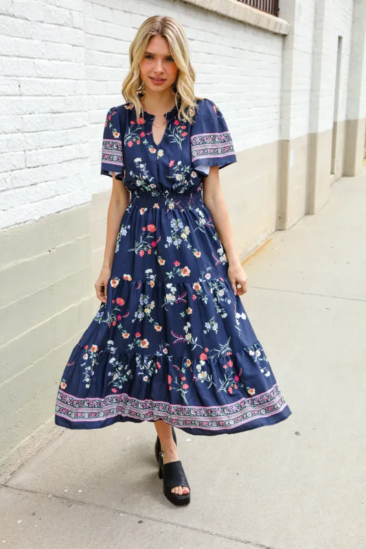 Boho Vibes Navy & Floral Notch Neck Border Print Tiered Maxi sold by Charming Charlie