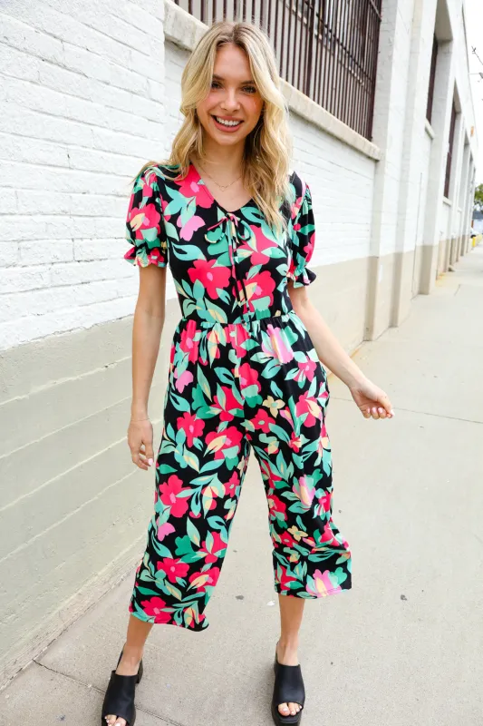 Spring Vibes Tropical Floral Ruffle Sleeve Wide Leg Jumpsuit sold by Charming Charlie