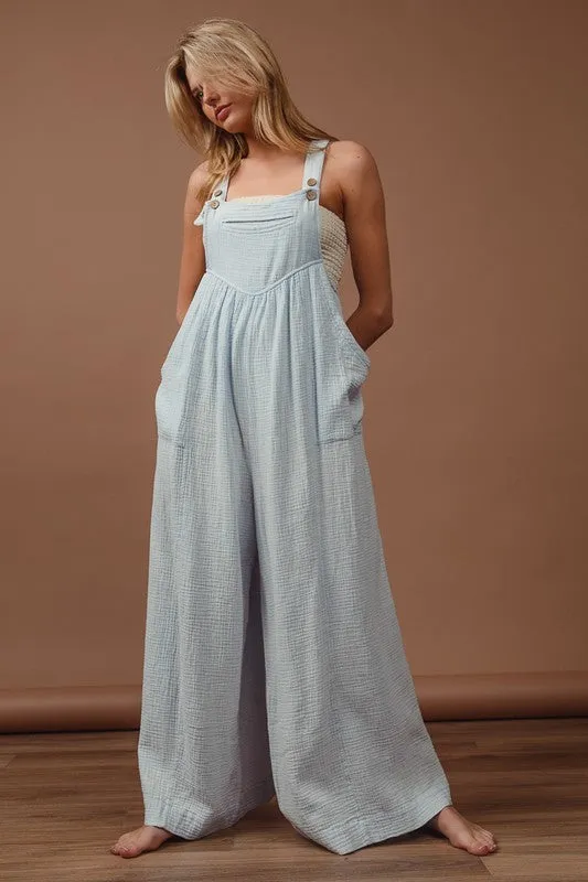 BiBi Vintage Washed Crinkle Gauze Wide Leg Overalls sold by Charming Charlie