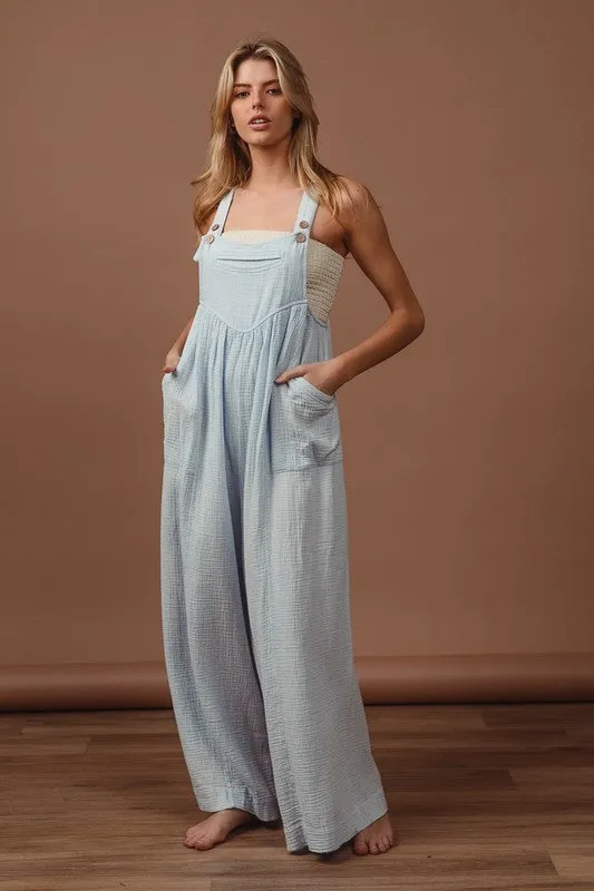 BiBi Vintage Washed Crinkle Gauze Wide Leg Overalls sold by Charming Charlie product image thumbnail 3
