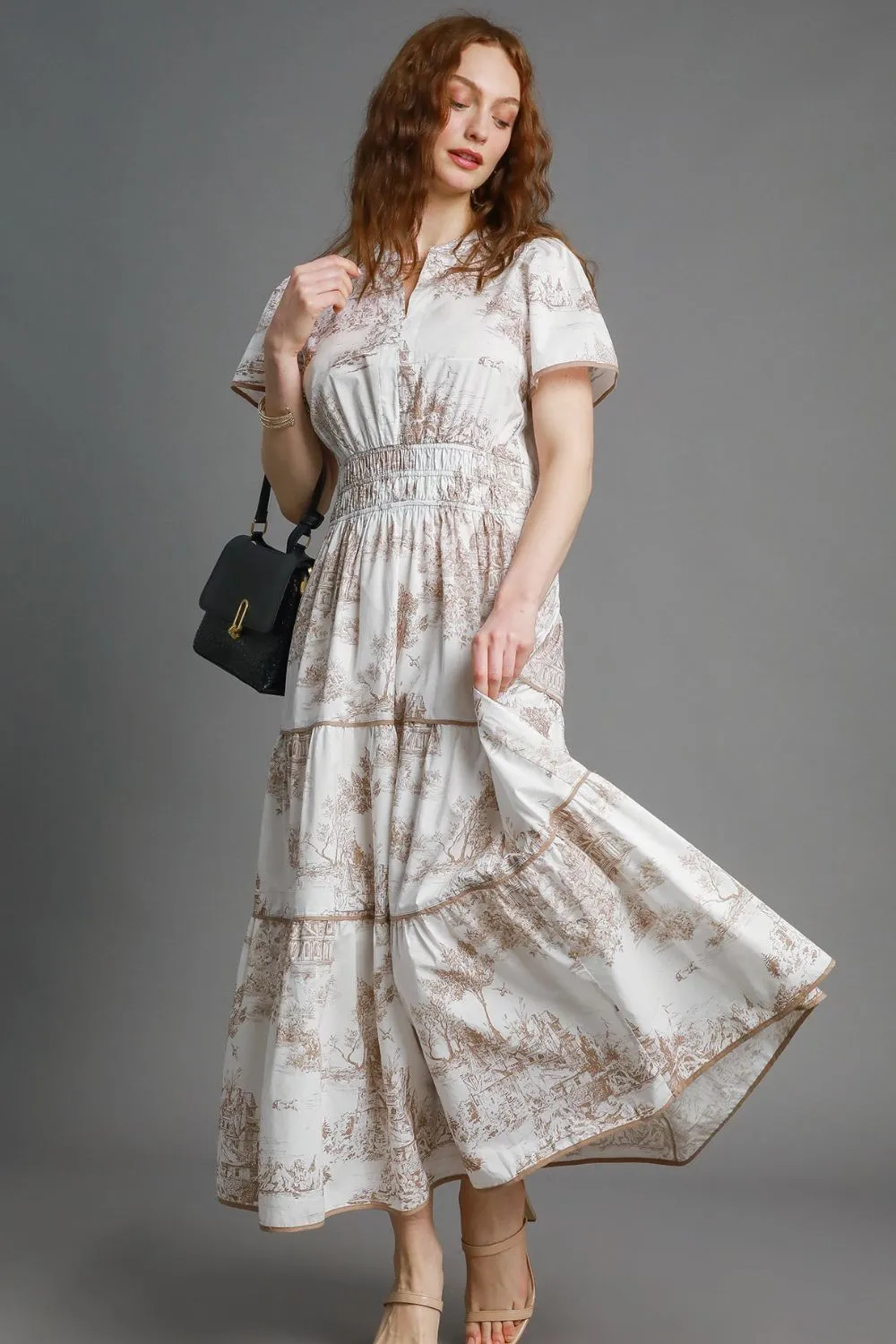 Umgee Full Size Landscape Print Short Sleeve Tiered Maxi Dress Plus Size sold by Charming Charlie