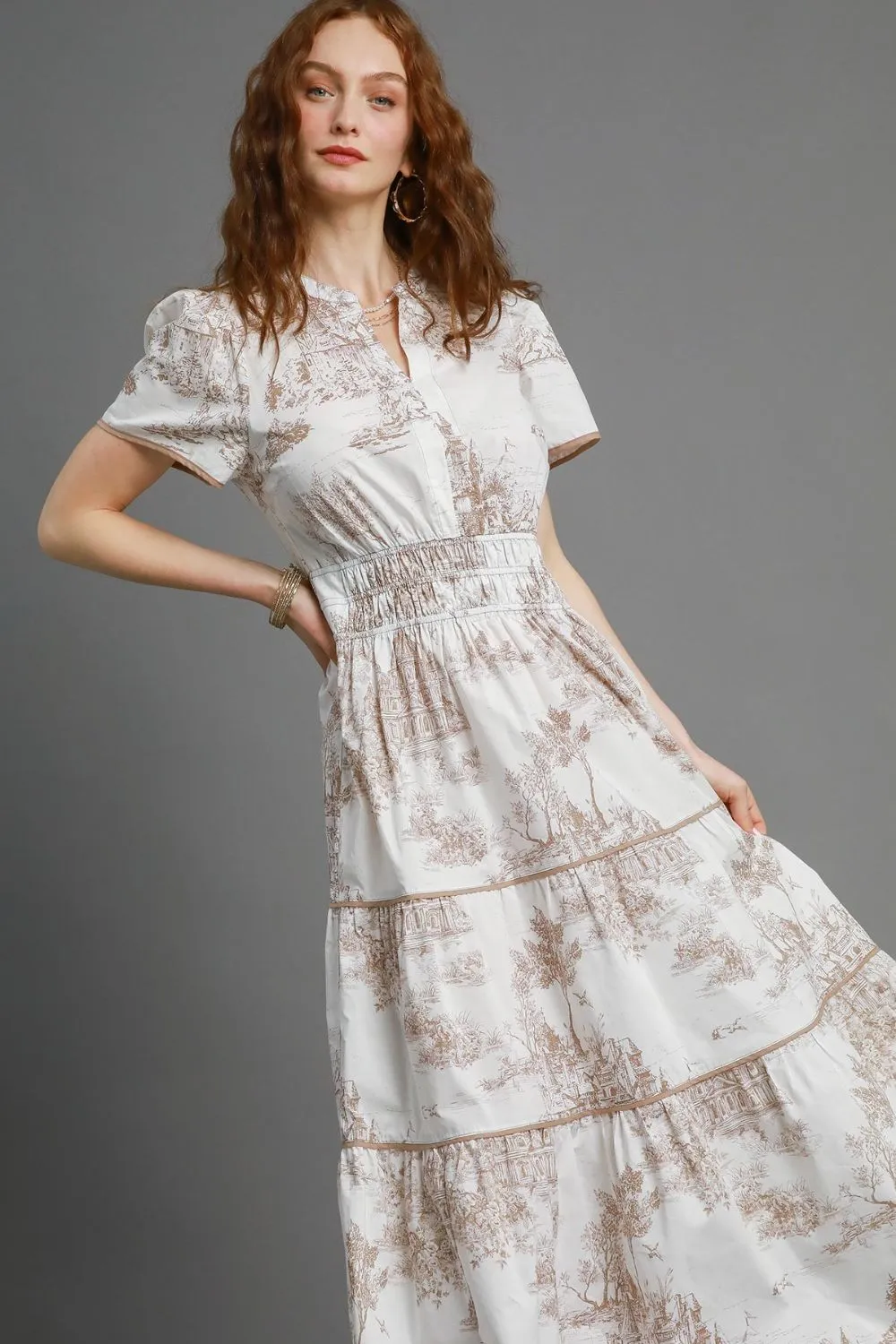 Umgee Full Size Landscape Print Short Sleeve Tiered Maxi Dress Plus Size sold by Charming Charlie product image thumbnail 3
