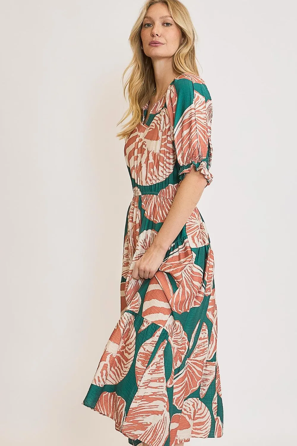 Umgee Full Size Printed Notched Puff Sleeve Midi Dress Plus Size sold by Charming Charlie product image thumbnail 3