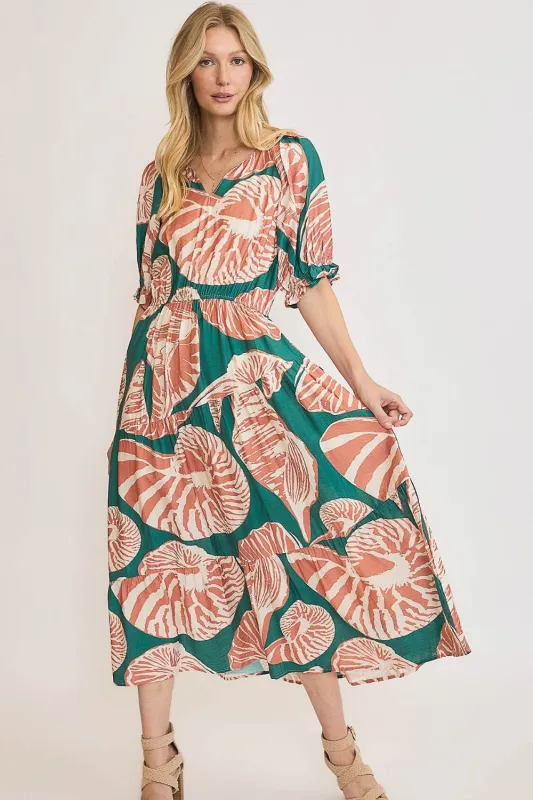 Umgee Full Size Printed Notched Puff Sleeve Midi Dress Plus Size sold by Charming Charlie