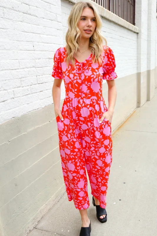 Spring Vibes Fuchsia Floral Print Ruffle Sleeve Wide Leg Jumpsuit sold by Charming Charlie