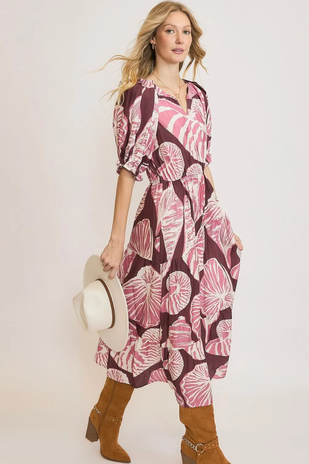 Umgee Full Size Printed Notched Puff Sleeve Midi Dress Plus Size sold by Charming Charlie product image thumbnail 2