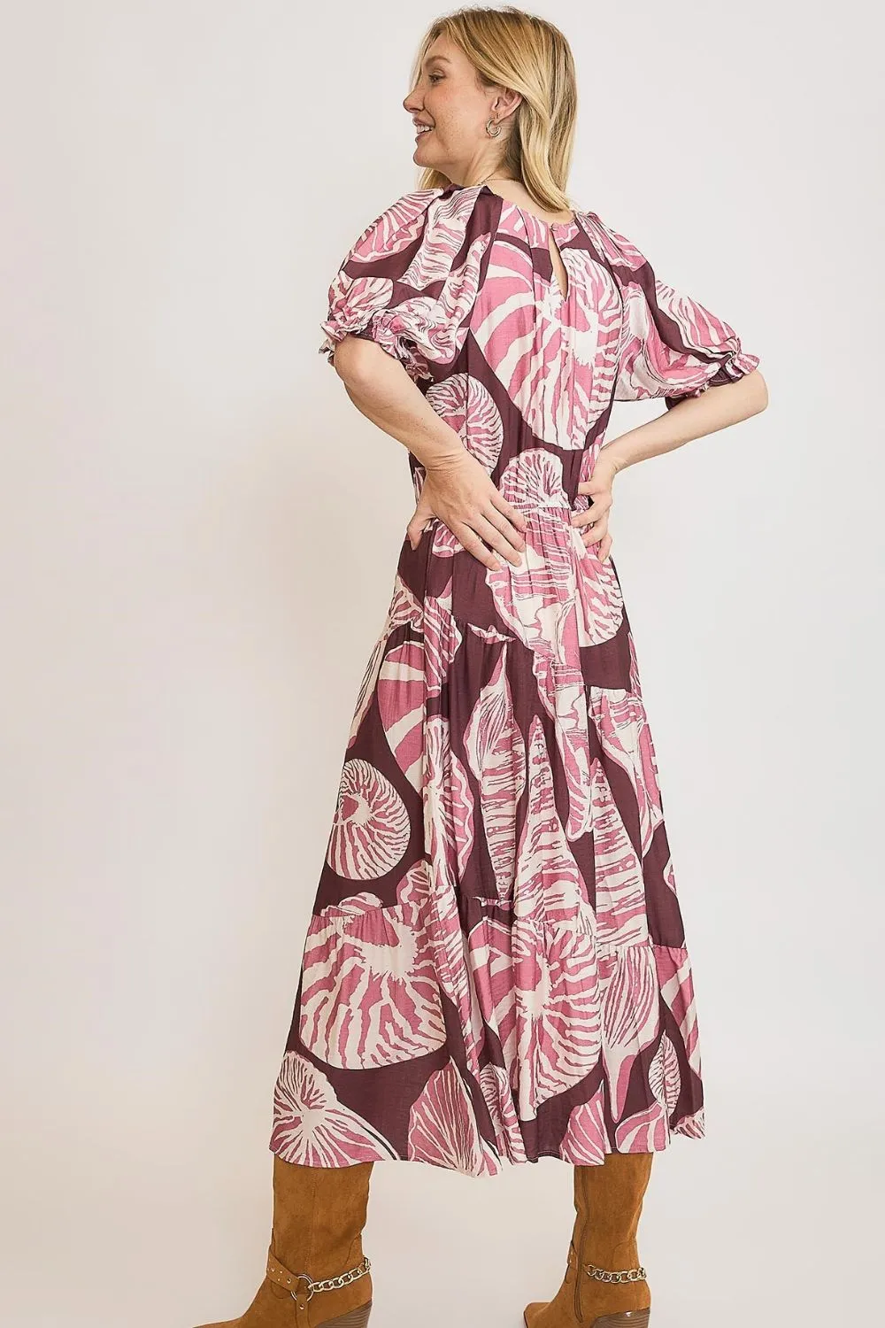 Umgee Full Size Printed Notched Puff Sleeve Midi Dress Plus Size sold by Charming Charlie product image thumbnail 3