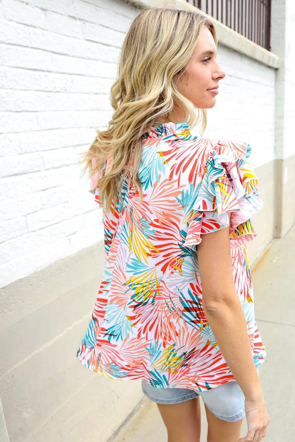 Eyes On You Ivory Abstract Print Frill Neck Double Flutter Sleeve Top sold by Charming Charlie product image thumbnail 5