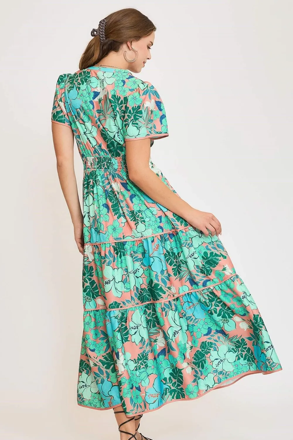 Umgee Full Size Printed Notched Short Sleeve Tiered Dress Plus Size sold by Charming Charlie product image thumbnail 3